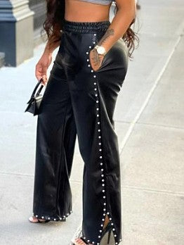 Fashion Leather Faux Paerl Wide Leg Pants