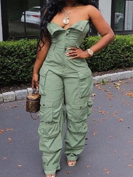 Solid Color Sleevelless Cargo Jumpsuits