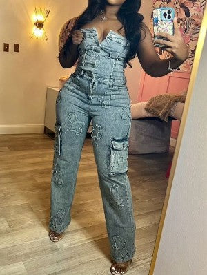 Denim Cross Embroidery Strapless Jumpsuits