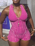 Distressed Zipper Fitted Sleevelless Rompers