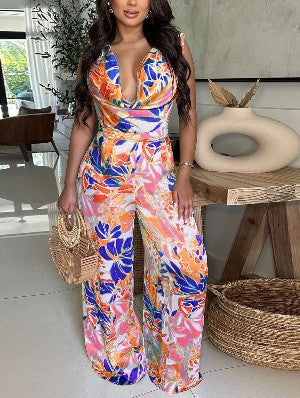 V Neck Lace UP Sleevelless Wide Leg Jumpsuits