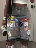 Badge Embroidery Patch Loose Denim Shorts