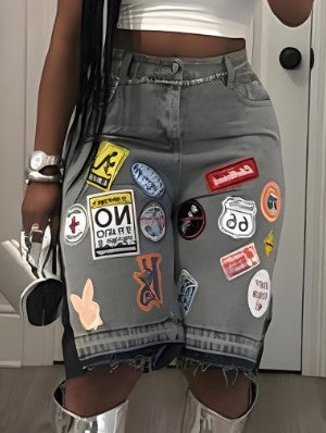 Badge Embroidery Patch Loose Denim Shorts