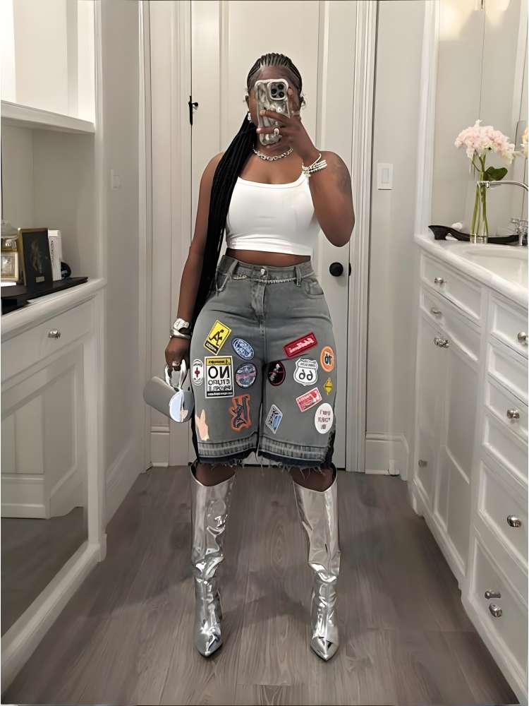 Badge Embroidery Patch Loose Denim Shorts