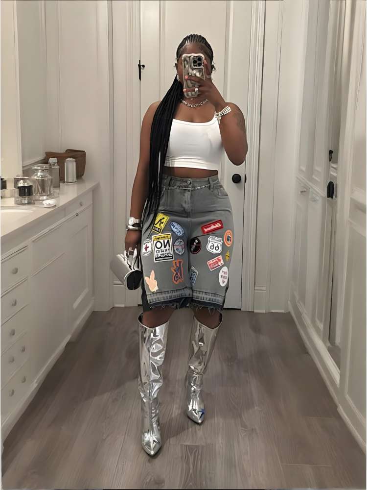 Badge Embroidery Patch Loose Denim Shorts