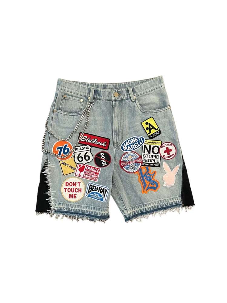 Badge Embroidery Patch Loose Denim Shorts
