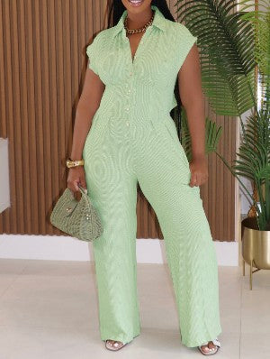 Ruched Lapel Button UP Loose Jumpsuits