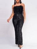 Sequin Feathers Strapless  Flared Jumpsuits