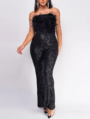 Sequin Feathers Strapless  Flared Jumpsuits