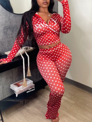Dots Seam Line Zipper Hooded Pant Sets