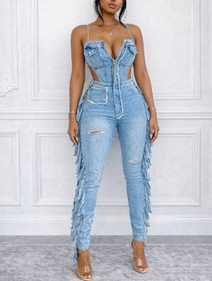 Sleevelless Ripper Denim Fringe Jumpsuits