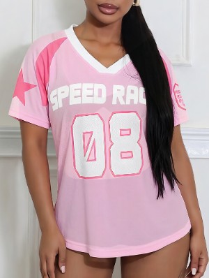 Colorblock Gauze V Neck Jersey T-shirts