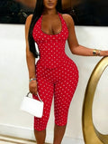 Polka Dots Fishbone Halter Lace-Up Rompers