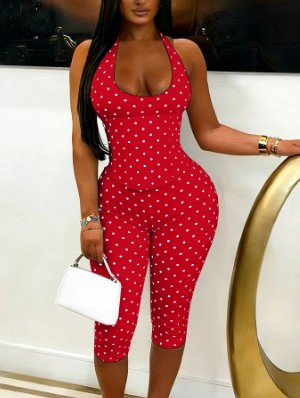 Polka Dots Fishbone Halter Lace-Up Rompers