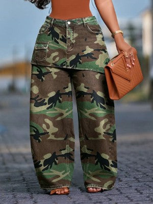 Camo Faux Two-Piece Wide Leg Pants