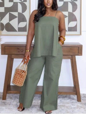 Plain Split Hem Tank Loose Pant Sets