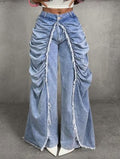 Raged Hem Washed Denim Ruched Jeans