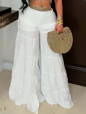 Ruched Plain Tiered Wide Leg Pants
