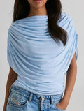 Plain Ruched Gauze Scarf Neck Tops