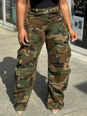 Camouflage Denim Straight Cargo Pants