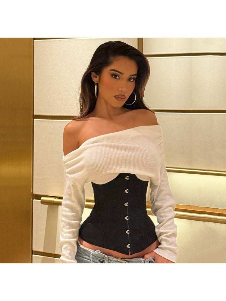Boat Neck Long sleeve Knitting Girdle Faux Two-Piece T-SHIRTS