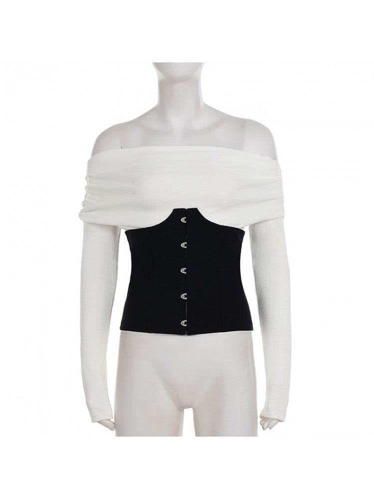 Boat Neck Long sleeve Knitting Girdle Faux Two-Piece T-SHIRTS
