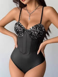 Sequin Fishbone V Neck Sleevelless Bodysuits