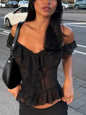 V Neck Ruffle Fitted See Through Camisoles