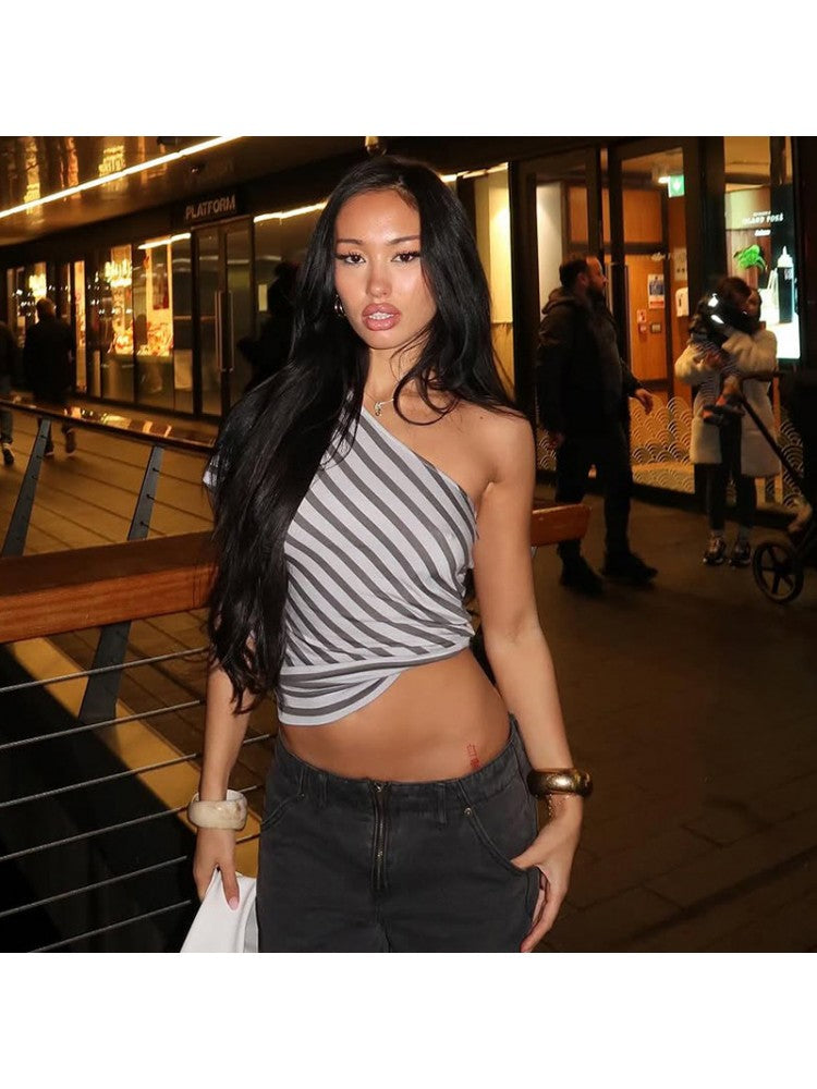 Asymmetrical Striped Bare Waist Tops