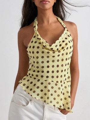 Polka Dots Halter Backless Lace-Up Tanks