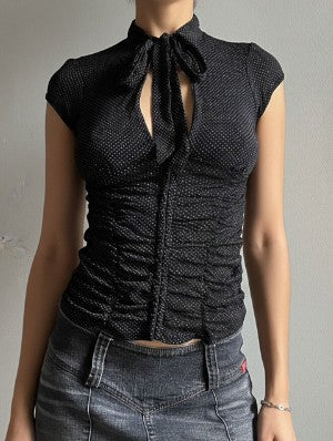 Lace UP Polka Dots Stand Collar T-shirts