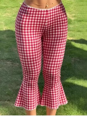 Checkered Lace Detail Flared Capri Pants