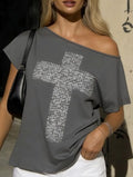 Cross Printed Inclined Shoulder Short Sleeve Tees