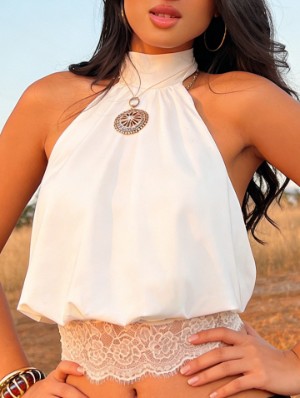 Halter Lace Panel Elasticized Waistband Backless Tanks